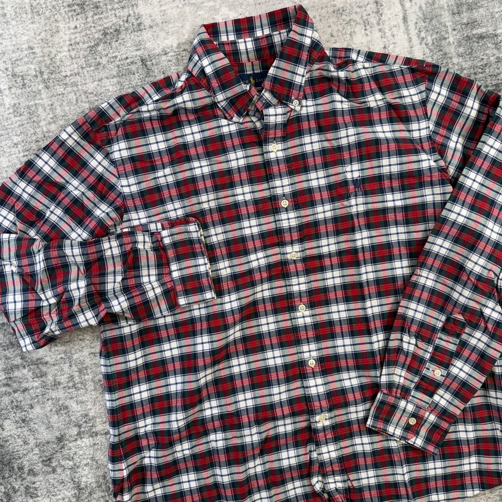 Polo Ralph Lauren Oxford Shirt Mens XL Custom Slim Red Tartan Plaid Pony OCBD